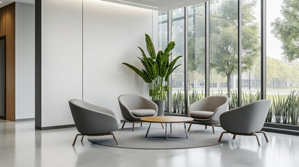 A stylish lobby interior featuring a row of comfortable armchairs and a coffee table, complemented by a large window and a mock-up wall.