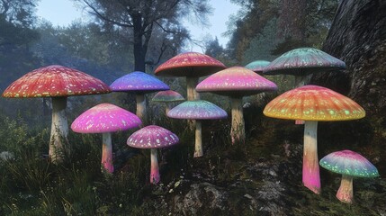 Fototapeta premium Enchanted Rainbow Mushrooms in a Mystical Forest
