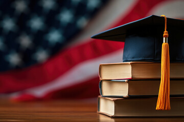 A graduation cap sits atop a stack of books, with an American flag softly blurred in the background.