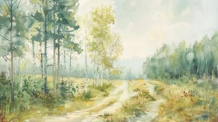 Obraz premium A serene watercolor landscape depicting a winding path through trees and fields.