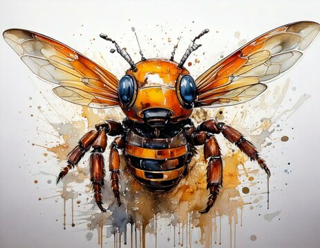 Watercolor illustration of futuristic animaloid robot bee with ink splashes, robot animal technology, android, ideal for poster or t-shirt printing, or children's books.