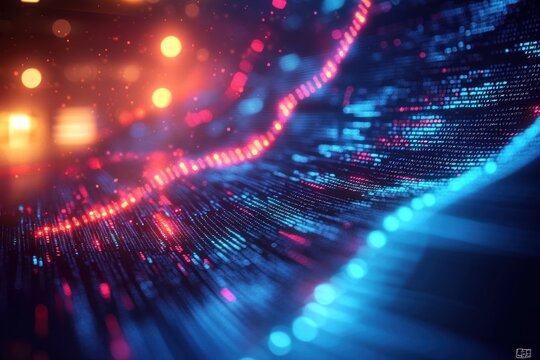 Futuristic Digital Technology Landscape with Flowing Code and Neon Lights in Cyberpunk Style