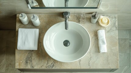 A top view of a luxury hotel bathroom showcasing an elegant sink and mirror, complemented by high-end accessories.