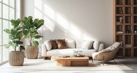Minimalist Scandinavian Living Room with White Sofa and Wooden Coffee Table Potted Plants and Elegant Decor