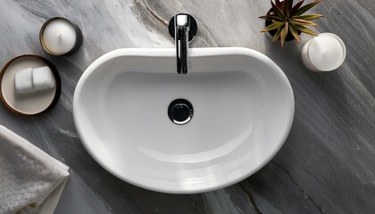 Fototapeta premium Top view of a white ceramic sink on a dark wooden vanity, surrounded by black-framed toiletr