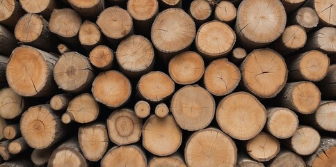 Natural pile of wood logs background arranged in a symmetrical stack. Highlighting organic patterns. Perfect for industrial and decorative use