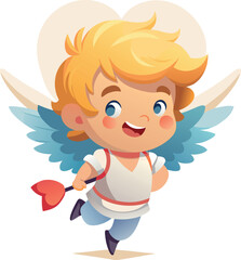 Cheerful Cupid holding heart-shaped arrow with wings and golden hair. Cartoon illustration for Valentine's Day greeting card, banner, or design