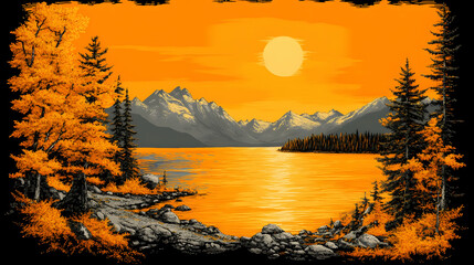 Autumn Lake Sunset Illustration