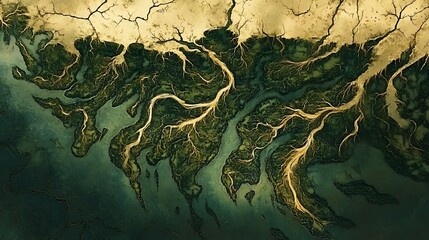 Aerial View of a River Delta with Lush Vegetation