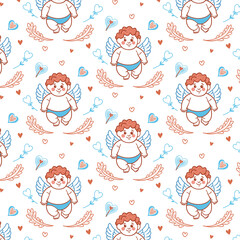 Seamless pattern of cherubs with floral and heart decorations. Hand-drawn Valentine's Day design for wallpaper, cards, and banners