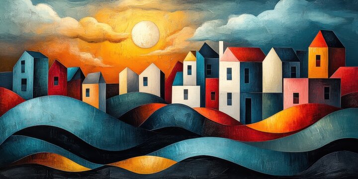 A vibrant sunset landscape painting featuring a colorful array of abstract houses with a dramatic sky and rolling hills in a surreal style