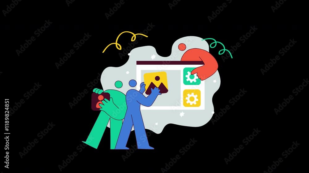 Aufkleber colorful cartoon characters interacting with a user interface while sharing images, featuring divers