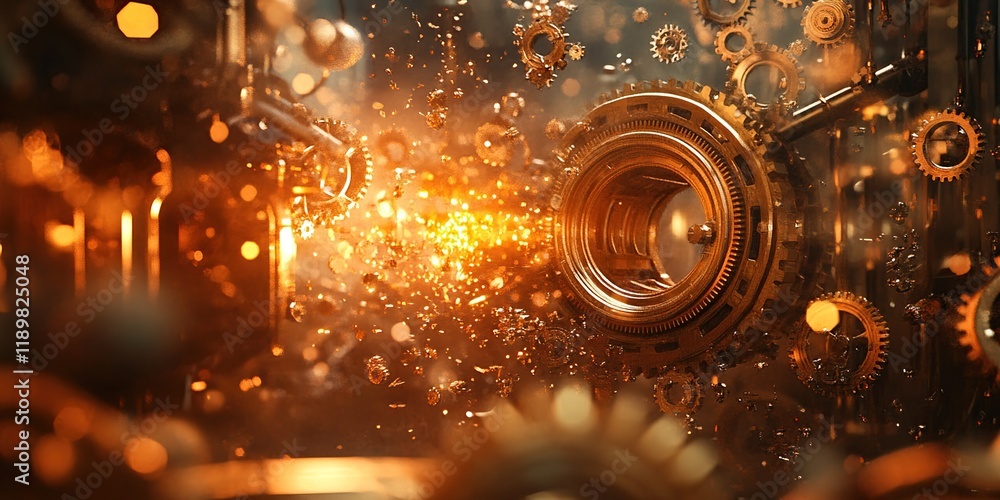 Poster intricate golden gears rotate and spin, glimmering brilliantly in a mesmerizing display of mechanica