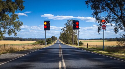Australian Country Road with Traffic Signals and Stop Signs under a Blue Sky