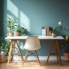 Minimalist Scandinavian Workspace with White Desk and Wooden Legs Natural Light Houseplants