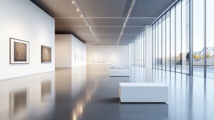 A vast gallery interior with an open layout, featuring large white boxes placed on a concrete floor, emphasizing minimalistic design and an expansive, uncluttered space.