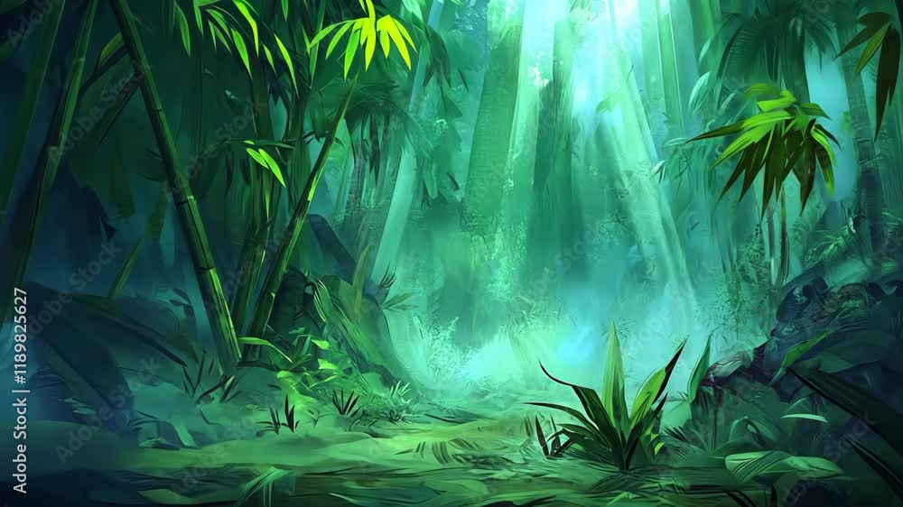 Poster lush green rainforest with sunlight filtering through dense foliage in an unexplored wilderness envi