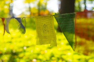 Colorful prayer flags hang in an outdoor setting, creating a cascade effect against a natural...