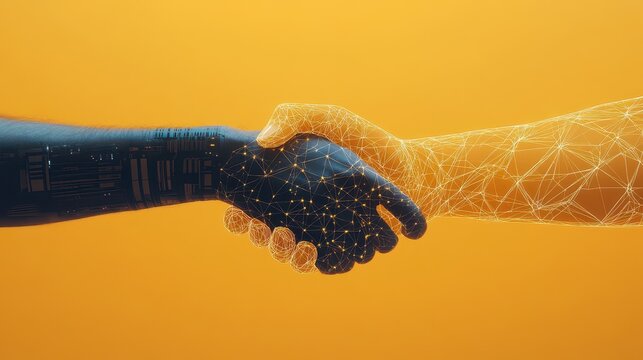 A vibrant handshake between technology and humanity set against a yellow background, symbolizing the concept of digital transformation.