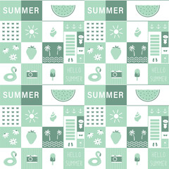 Summer Square Pattern. Seamless Geometric Checkered Print with Summer Elements. Beach Accessories, Sun, Watermelon, Ice-cream, Swimming Ring, Strawberry, Camera, Palm. Vector in Green, White