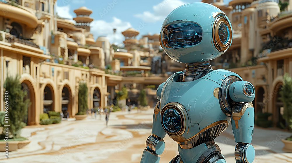Poster futuristic robot exploring a modern cityscape
