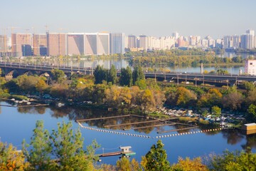Fototapeta premium Panoramic urban waterfront view with docked boats, autumn trees, city buildings, cranes, and skyline Calm water, clear blue sky, daytime lighting
