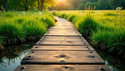Fototapeta premium Wooden planks of a bridge crossing over a small stream in a meadow, stream, wooden