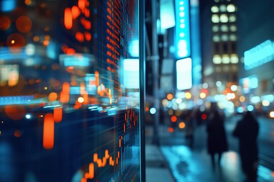 Night City Stock Market Ticker Displays Financial Data with Dynamic Graphs, Showing Economic Trends and Investment Opportunities at Night.