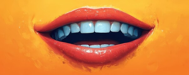 Obraz premium Close-up illustration of a vibrant, stylized smiling mouth with bright red lips and white teeth on a bold orange background