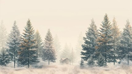 Obraz premium A serene winter landscape with a cabin surrounded by snow-covered trees in a foggy atmosphere.
