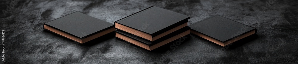 Poster minimalist black notebook stack on dark wooden table with soft lighting