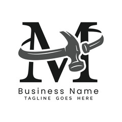 M Letter logo construction vector for woodworking company. Alphabet M hammer template illustration