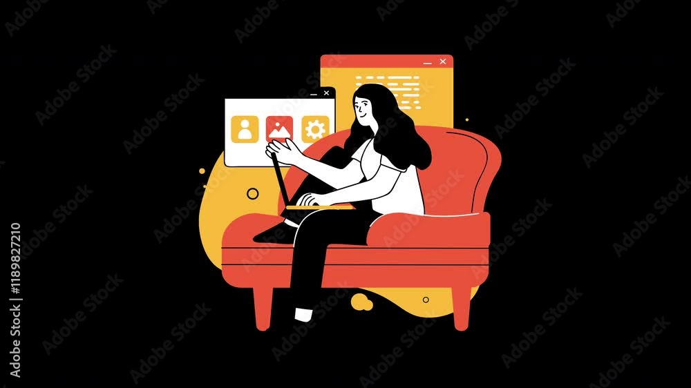 Poster a woman of unknown ethnicity working on a computer while sitting on a red couch, engaging with digit