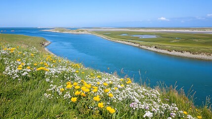 Coastal Estuary with Wildflowers Blooming in Summer