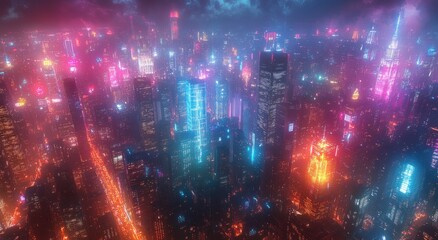 Futuristic Cityscape with Neon Lights and Technology Connections
