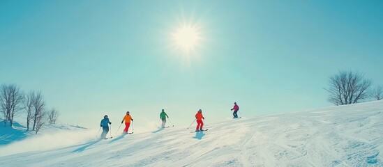 Skiers downhill sunny slope winter