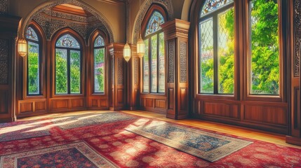 Obraz premium Bright Sunlit Room Featuring Ornate Windows with a View of a Lush Garden Outside