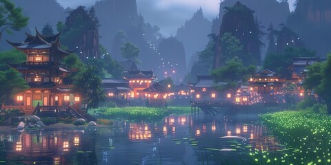 Fototapeta premium A serene, illuminated village by a river, surrounded by mountains and lush greenery at dusk.
