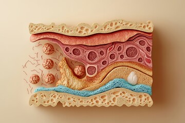 A detailed 3D model showcasing the intricate layers and cellular components of human skin.