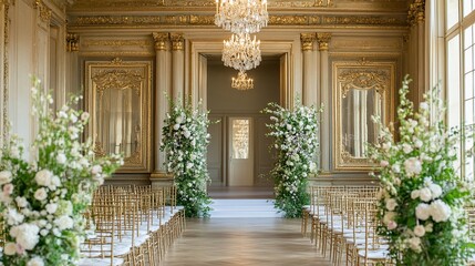 Naklejka premium Elegant Wedding Ceremony Setup in a Gilded Hall