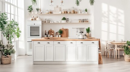 A white and wooden kitchen interior featuring a central island.