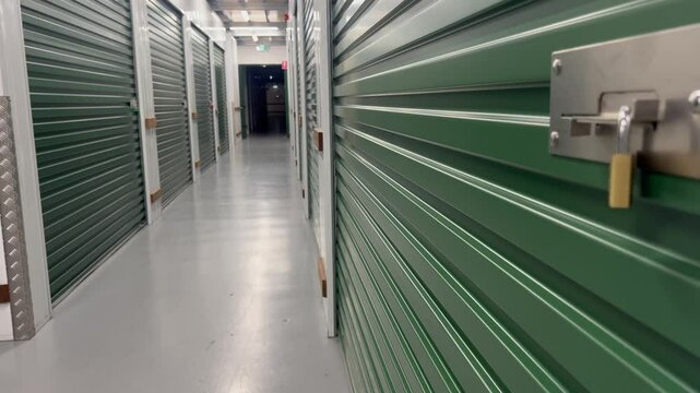 Long empty corridor with unrecognizable green doors self storage rooms.