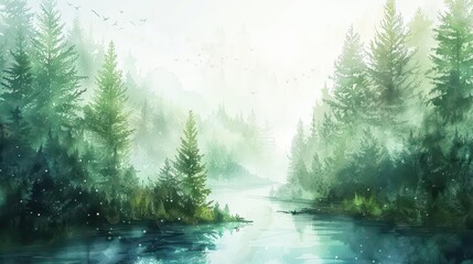A serene, misty forest landscape with a tranquil river and lush greenery.