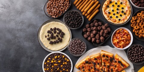 Pizza, snacks, and sweets party food flatlay