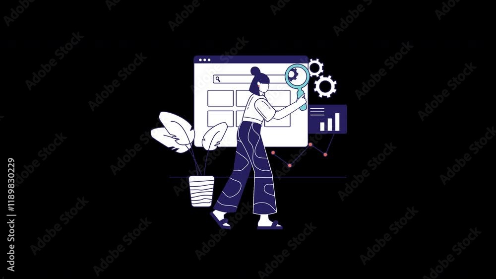 Poster a european woman using a magnifying glass to analyze data on a computer screen with gears and graphs