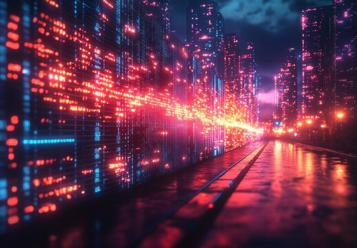 Futuristic Digital Landscape Glowing Binary Stock Market Investment Graph Analysis