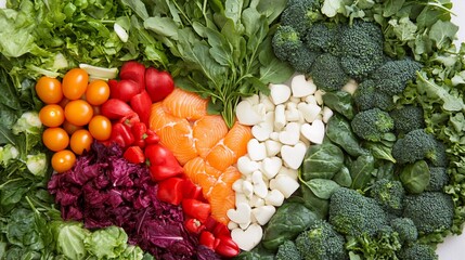 Heart-Shaped Rainbow of Healthy Foods: A Vibrant Display of Fresh Produce and Salmon
