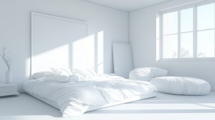 A white home bedroom interior featuring a bed and a lounge zone, with a window providing natural light.