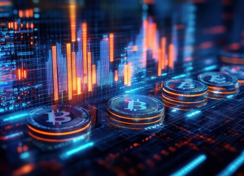 Futuristic Digital Cryptocurrency Market with Rising Trend and Bitcoin Coins in Cyberpunk Style