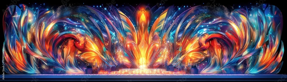 Poster vibrant abstract light display at nighttime festival with colorful patterns and designs.